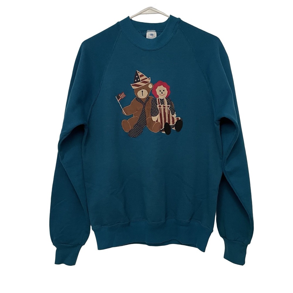 Vintage Russell Raggedy Ann Teddy Bear Teal Blue Sweatshirt Womens Large USA